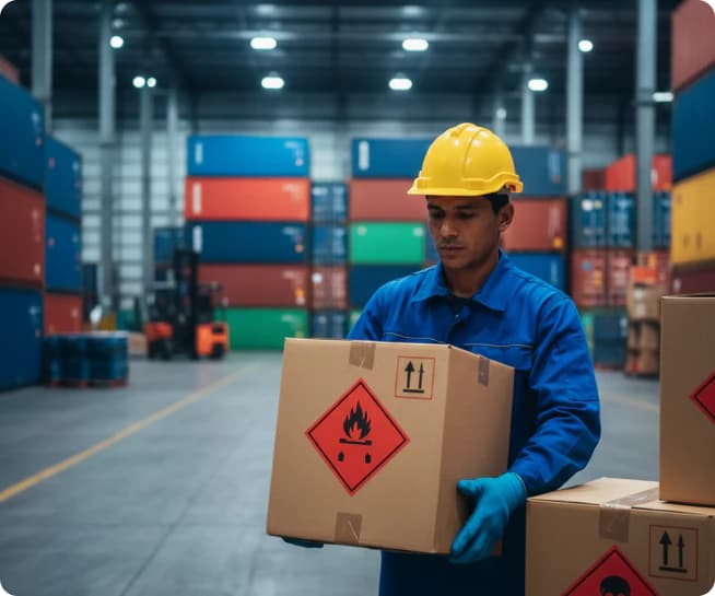 Worker carrying a hazardous materials box in a warehouse