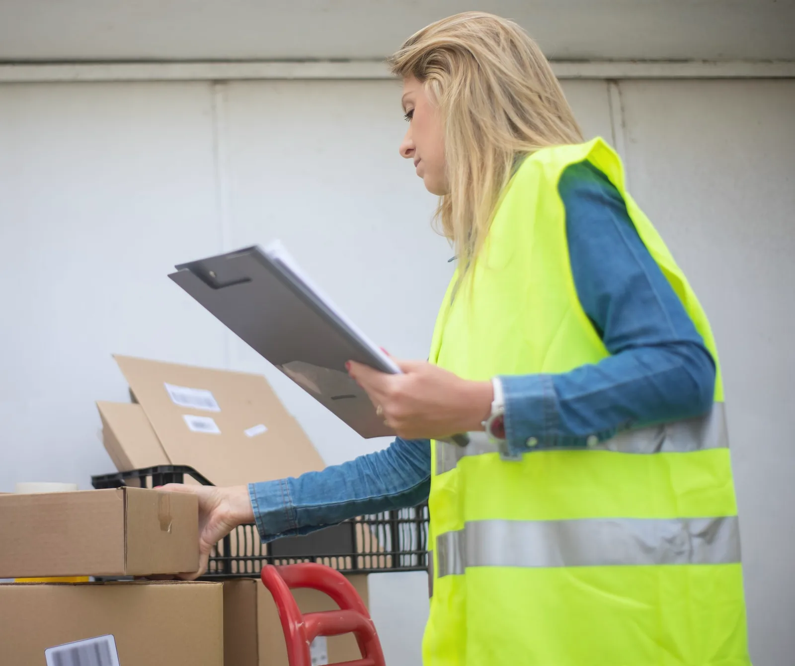 Warehouse worker in a hi-vis vest checking a delivery against a clipboard