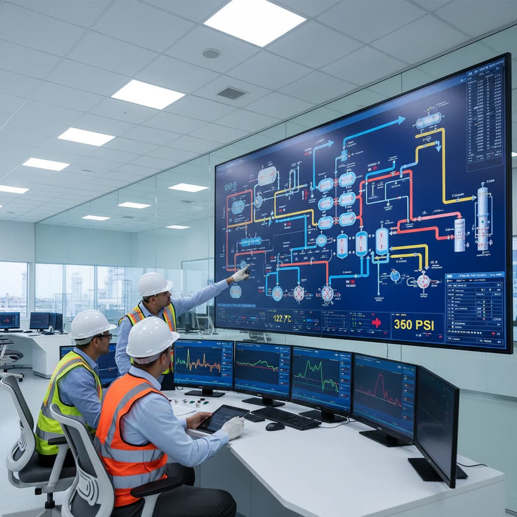 Control room operators monitoring process diagrams on wall screens