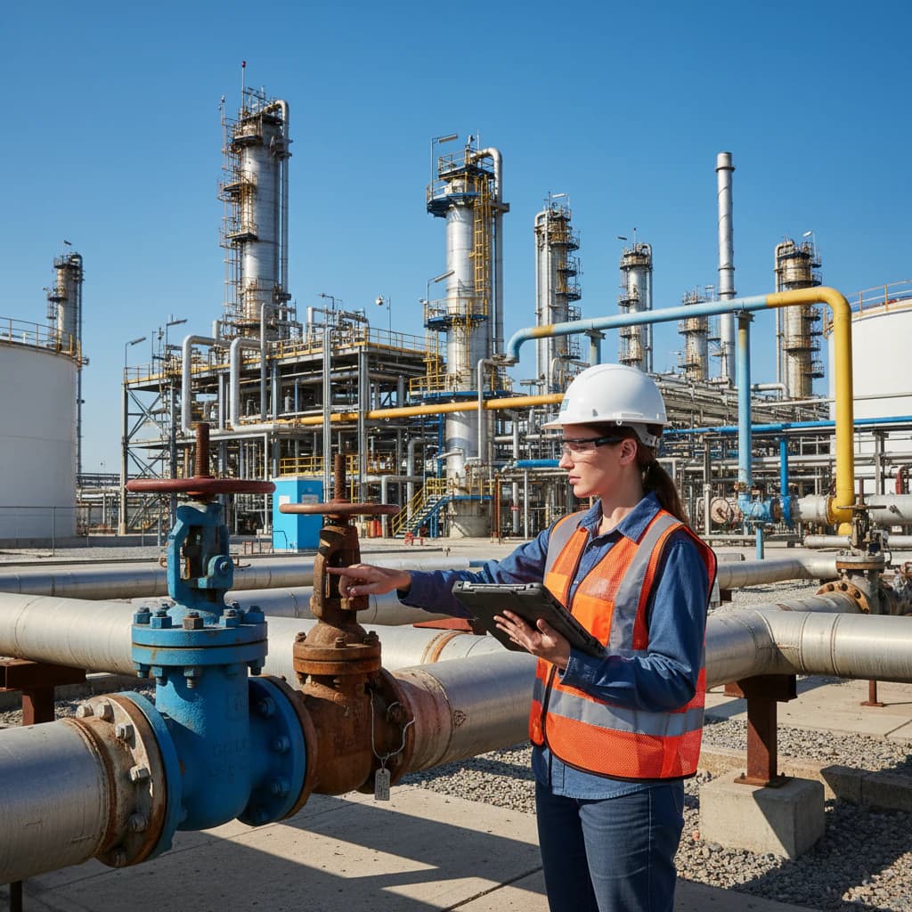 Engineer reviewing a clipboard beside plant piping