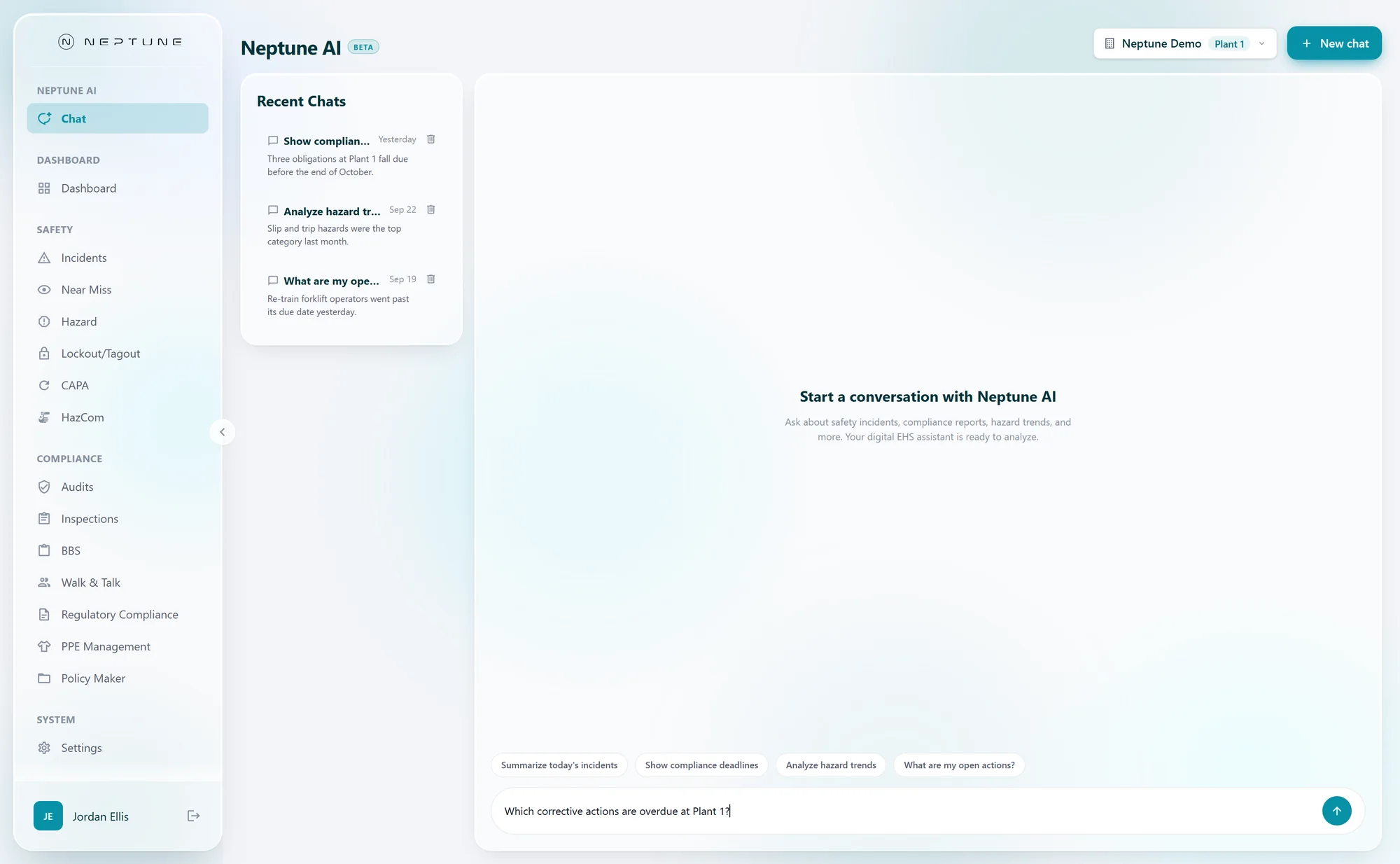 Neptune EHS Neptune AI screen: Plain-Language Questions