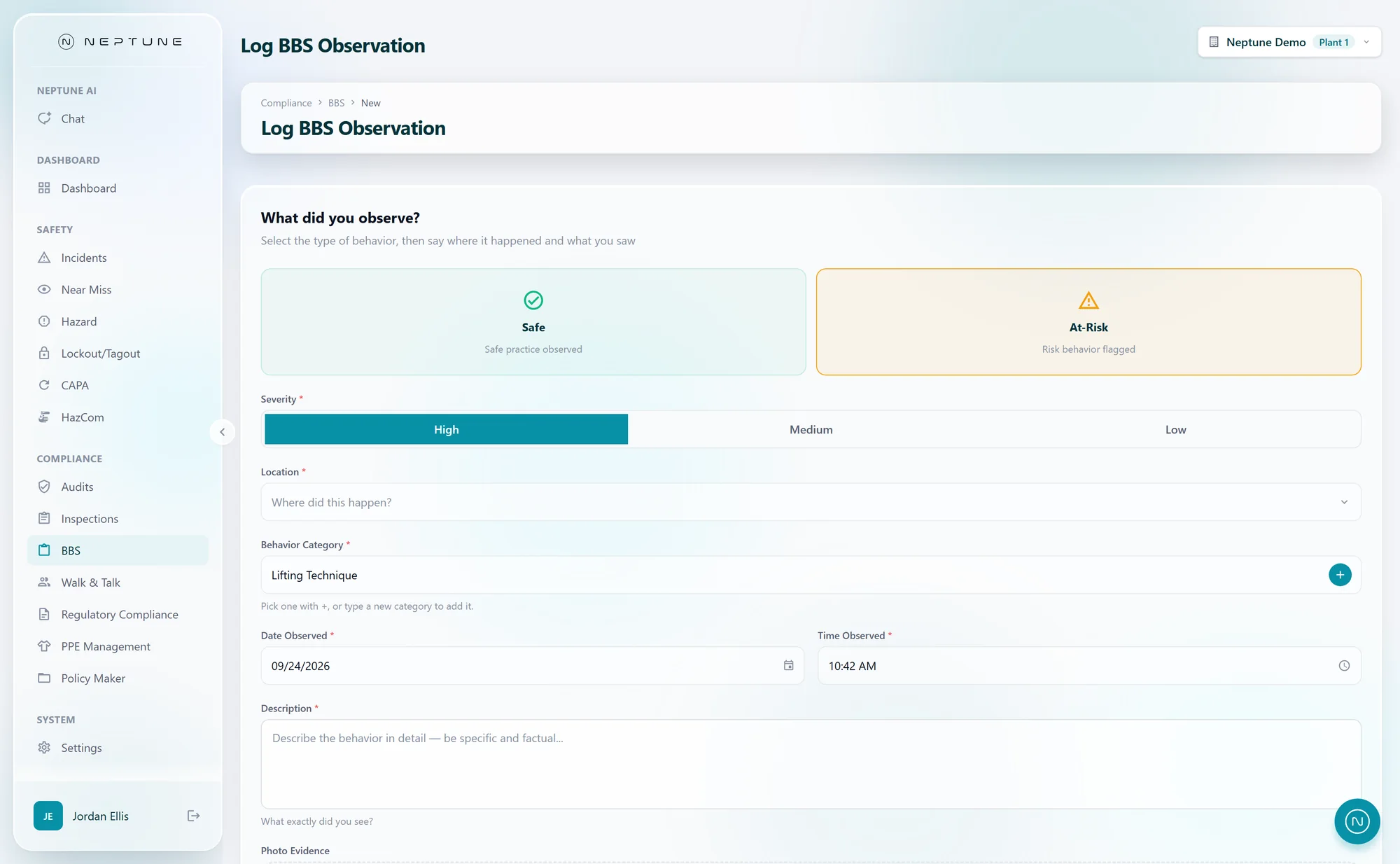 Neptune EHS Log BBS observation screen: Behavior-Based Safety (BBS)