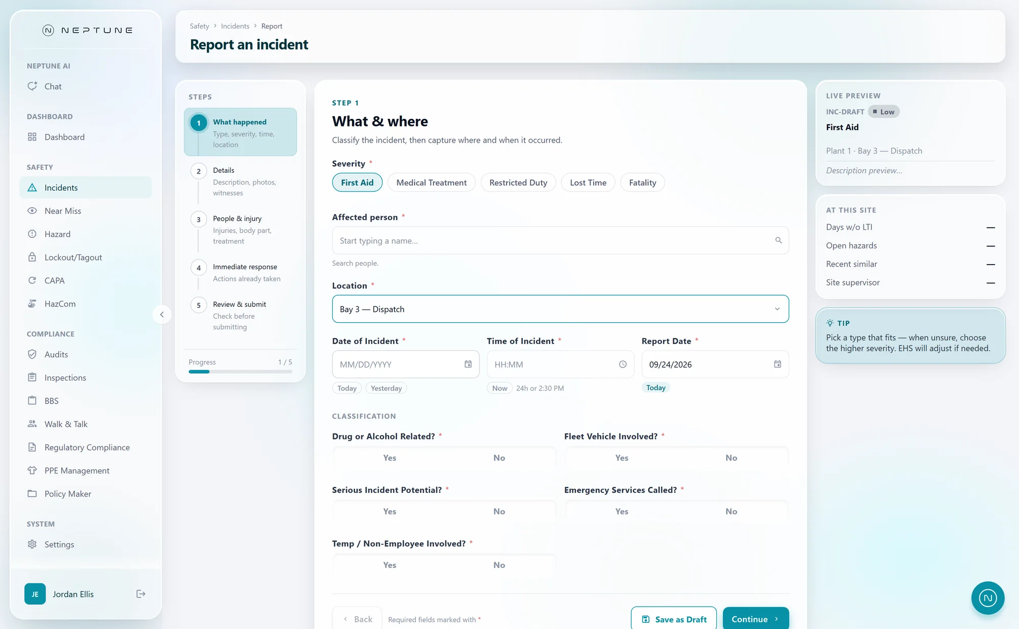 Neptune EHS Report an incident screen: Step-by-Step Incident Reporting